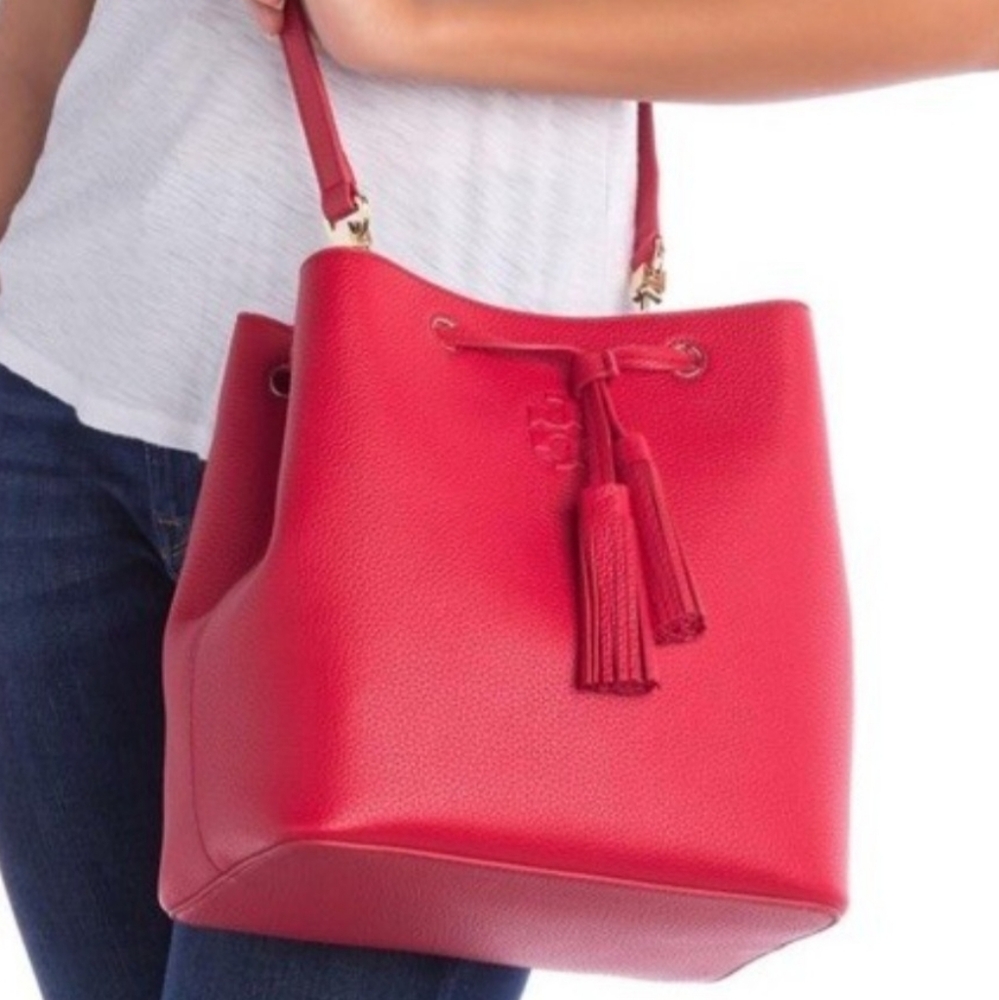 TORY BURCH BUCKET BAG THEA RED PEBBLE LEATHER
